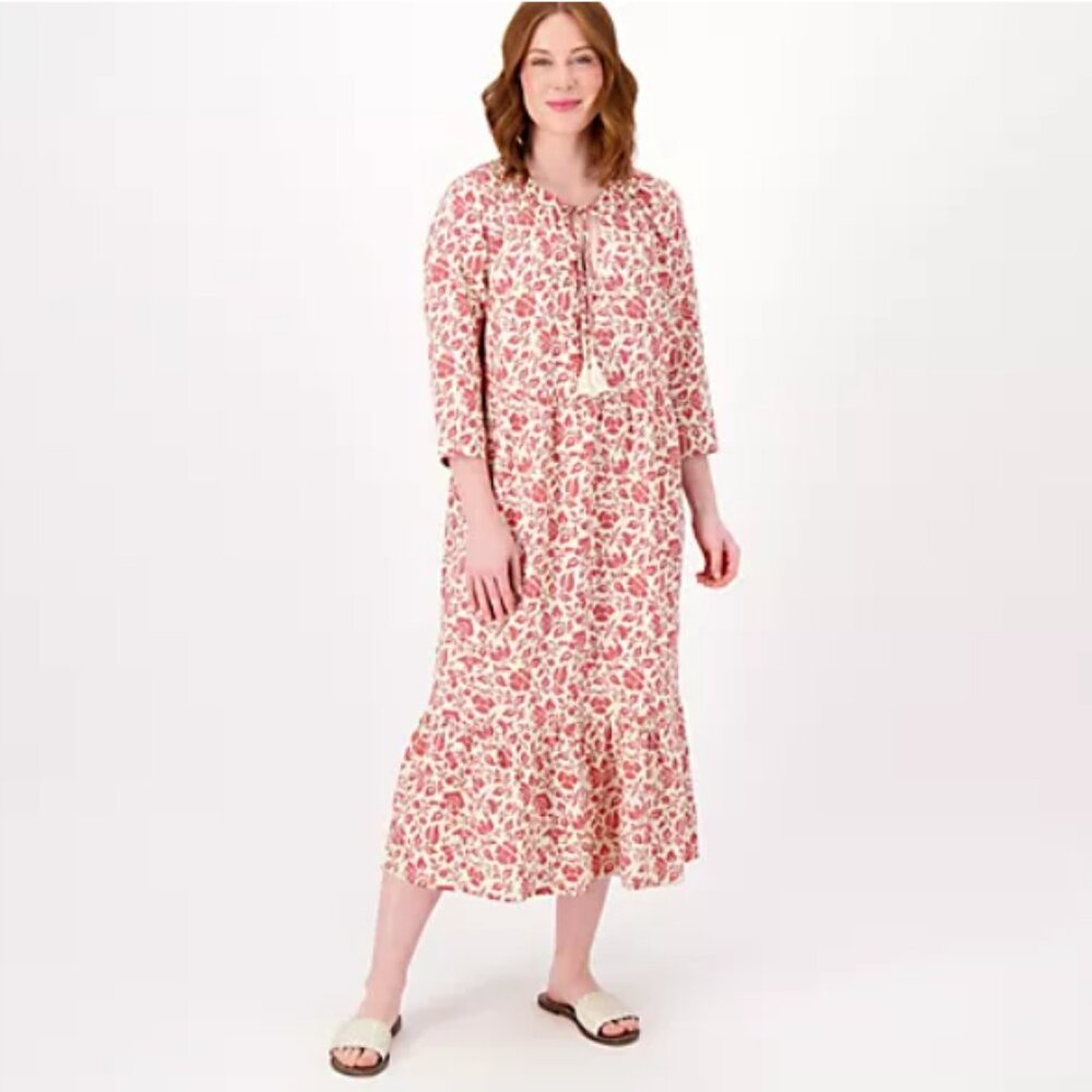 Denim & Co. Naturals Printed Regular Midi Dress - L - AntiqRoseFloral